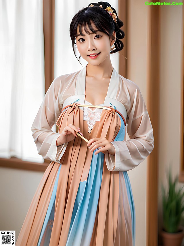 A woman in a blue and beige hanbok is posing for a picture.