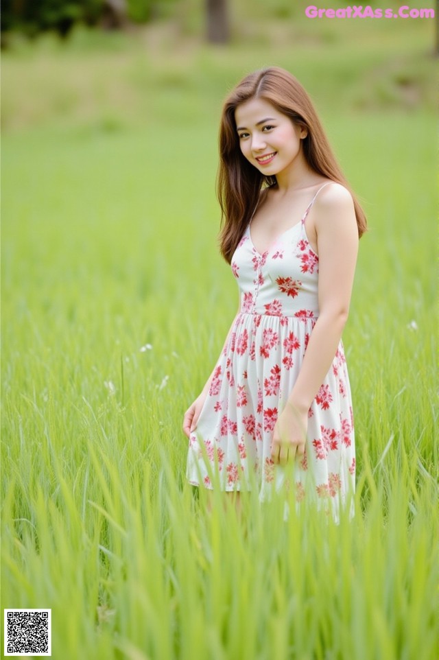 A woman in a white dress standing in a field of tall grass.
