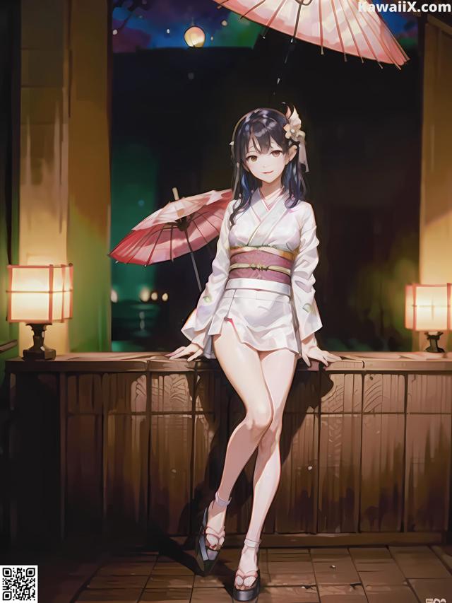 A woman in a kimono holding an umbrella in the rain.