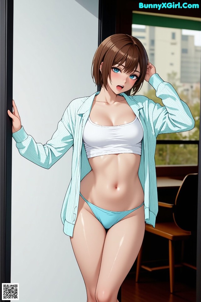 A woman in a blue bikini standing in front of a window.