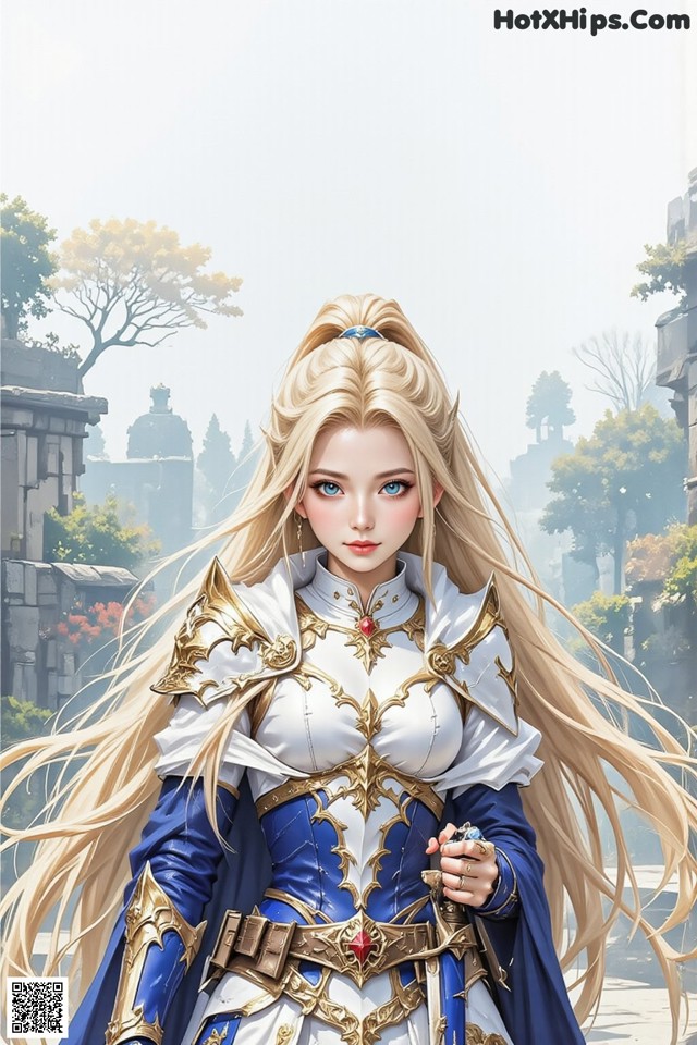 A woman with long blonde hair standing in front of a castle.
