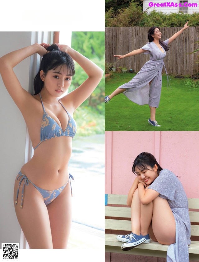A woman in a blue bikini sitting on a bench.