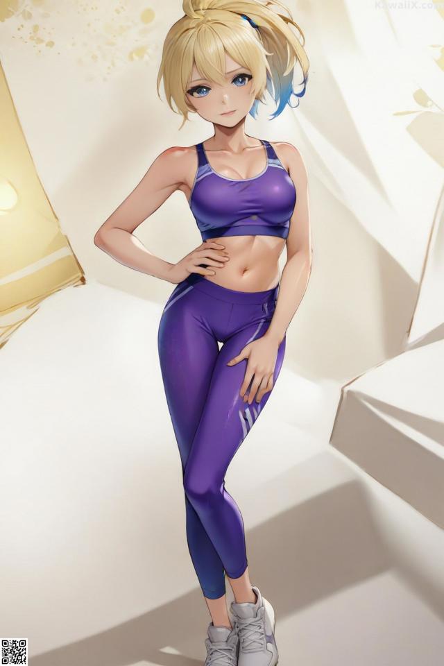 A woman in a purple sports bra top and leggings posing for a picture.