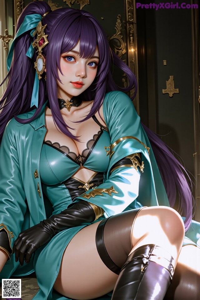 A woman with long purple hair sitting on a bed.
